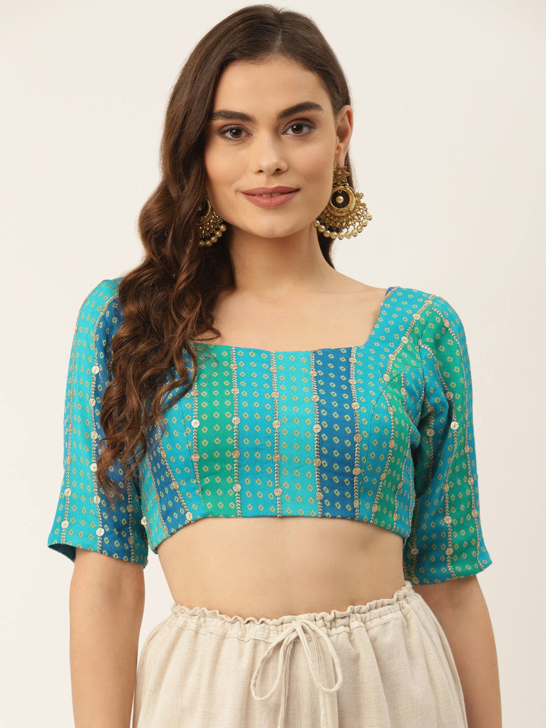 Niharikaa blue padded square neck blouse bandhani fabric – NDS
