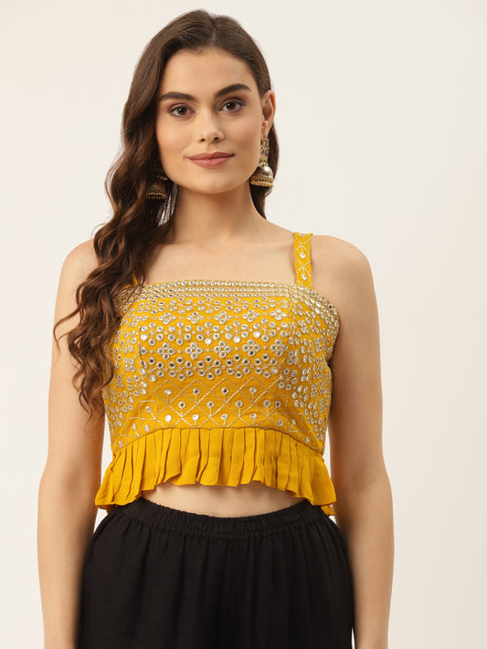 Niharikaa Yellow padded spaghetti neck georgette strapped sleeveless